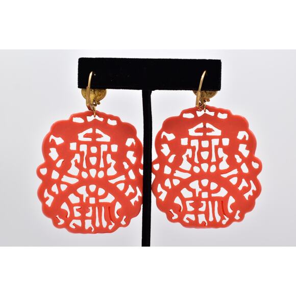 KJL Coral Carved Resin Cutout Drop Earrings Turquoise Oriental Signed Y2K BinBF - Picture 11 of 12